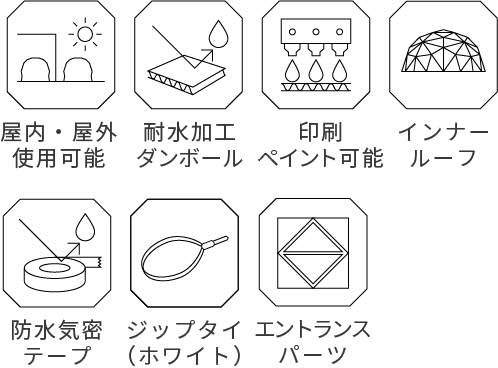 屋内・屋外使用可能、耐水加工ダンボール、印刷ペイント可能、インナールーフ、防水気密テープ、ジップタイ（ホワイト）、エントランスパーツ